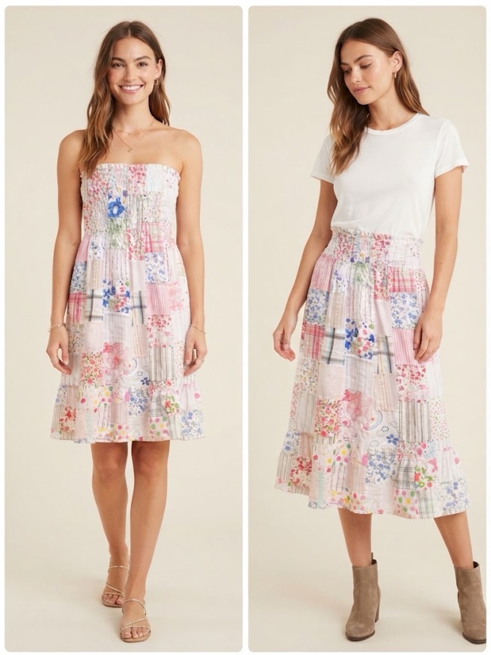 Smocked Patchwork Cotton Floral Convertible Mini Dress or Midi Skirt - handmade
